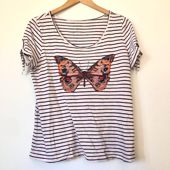 SONOMA Cream ish Navy Stripe Embroidered Butterfly Tee T-Shirt PETITE Small PS - Picture 1 of 9